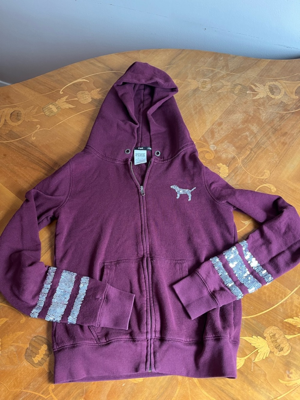 PINK Victoria's Secret Girls' Burgundy Sequin-Stripe Hoodie Jacket